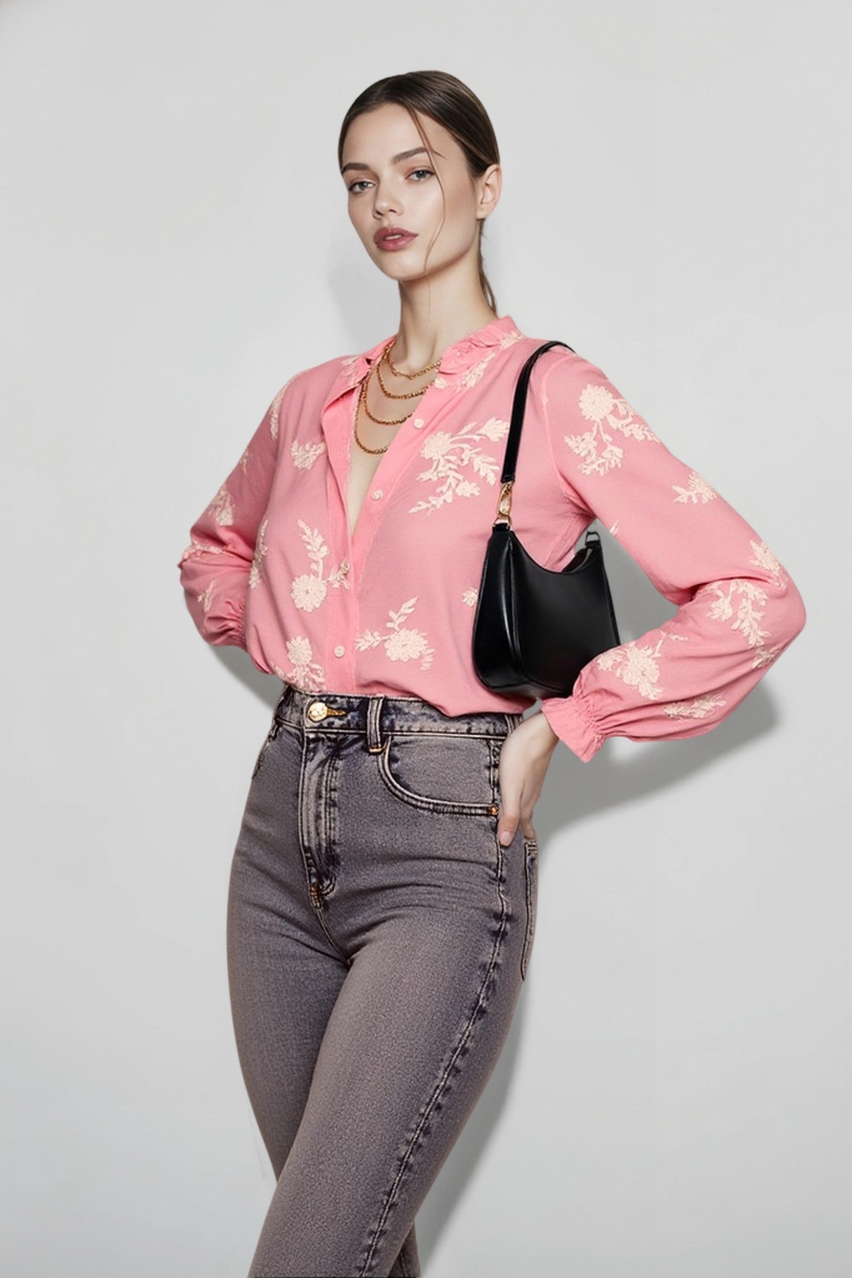 Printed Collared Lantern Sleeve Elegant Long Sleeve Blouse Secondary image