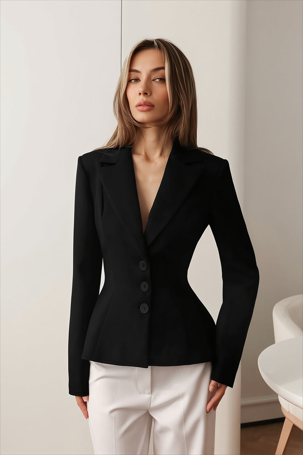 Three Button Sculpted Waist Long Sleeve Tailored Coat