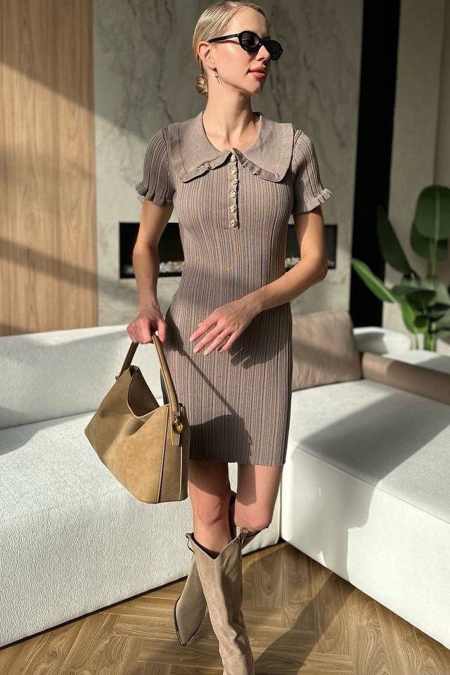 Fitted Peter Pan Collar Short-Sleeve Cable-Knit Sweater Dress Secondary image