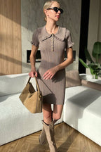 Fitted Peter Pan Collar Short-Sleeve Cable-Knit Sweater Dress