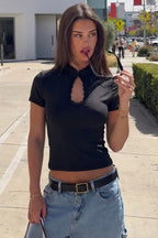 Sexy Cutout Lace Trim Fitted Crop Top