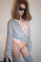 Rhinestone Cross Fur Trim Zip Hoodie