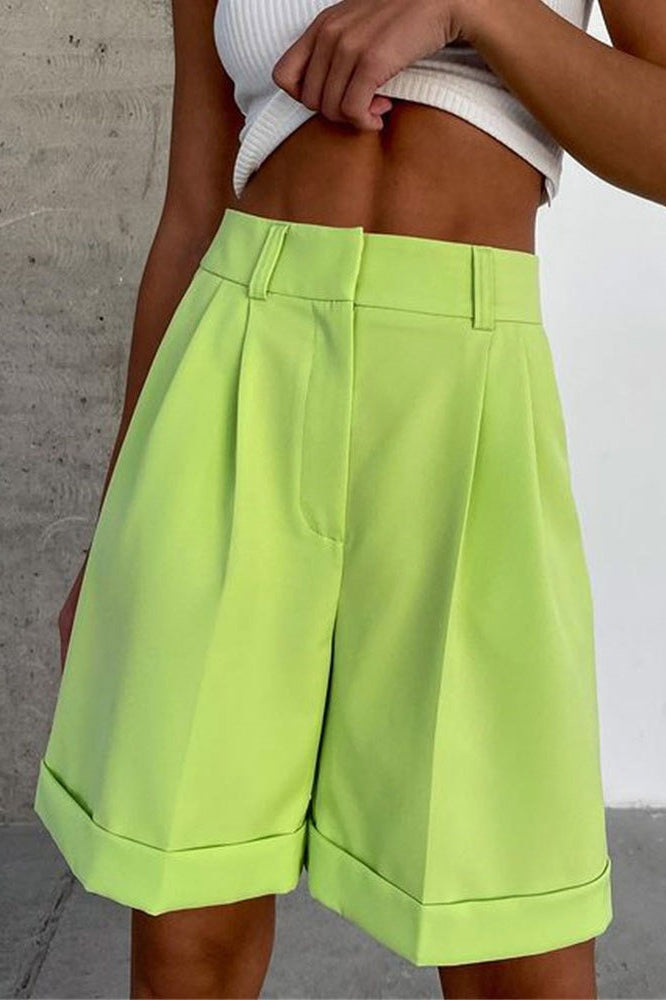 Solid Color High Waist Straight Casual Tailored Shorts