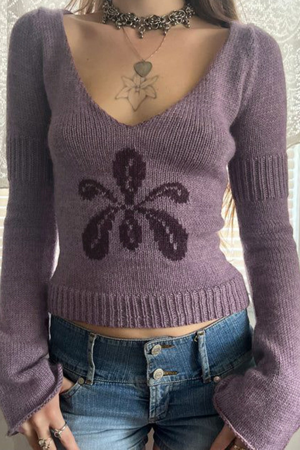 Relaxed Fit V-Neck Floral Sweater Main image