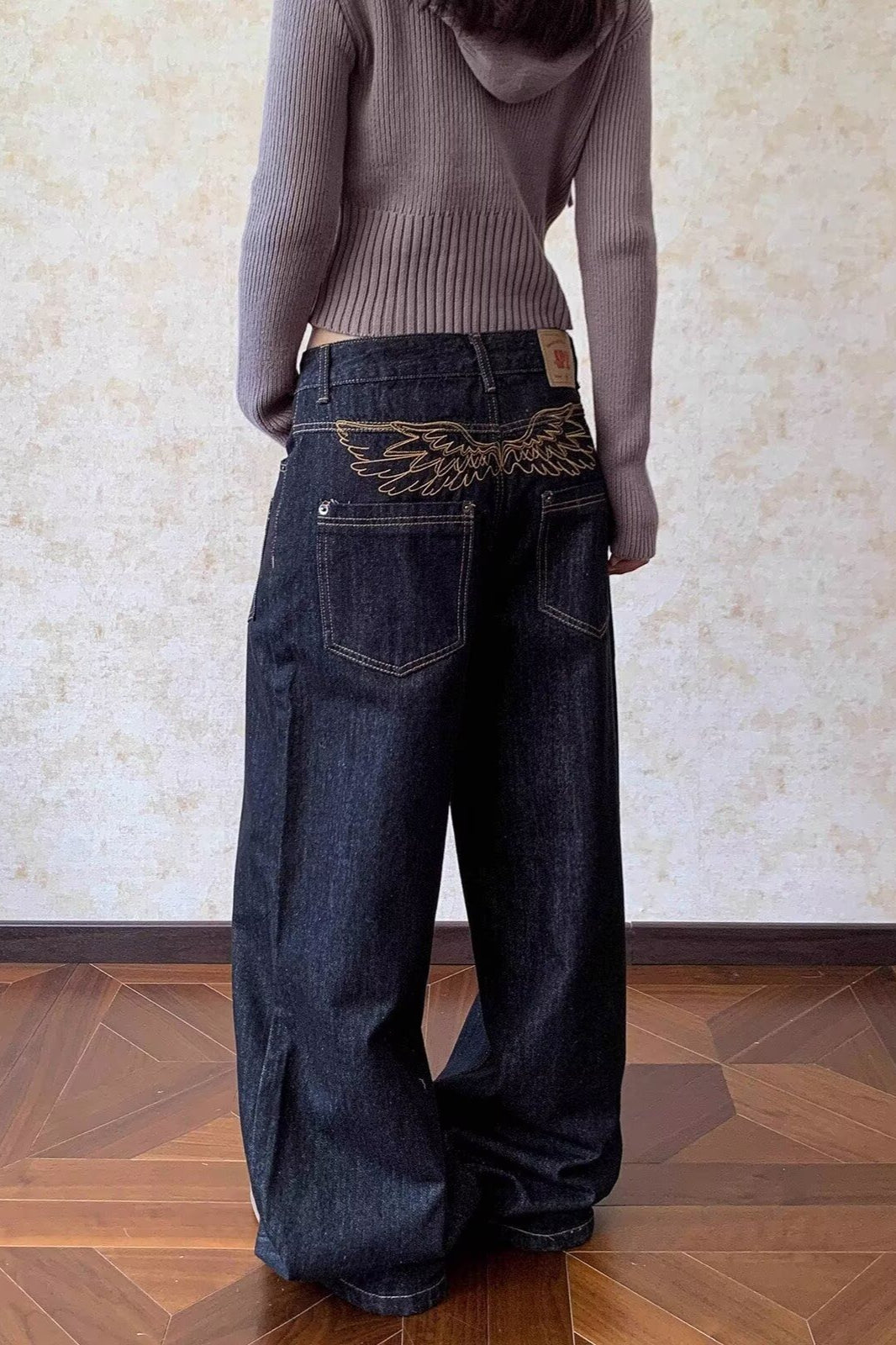 Embroidered Washed Curved Leg Wide Jeans Secondary image