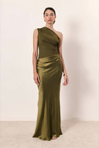 One Shoulder Satin Bodycon Maxi Party Dress