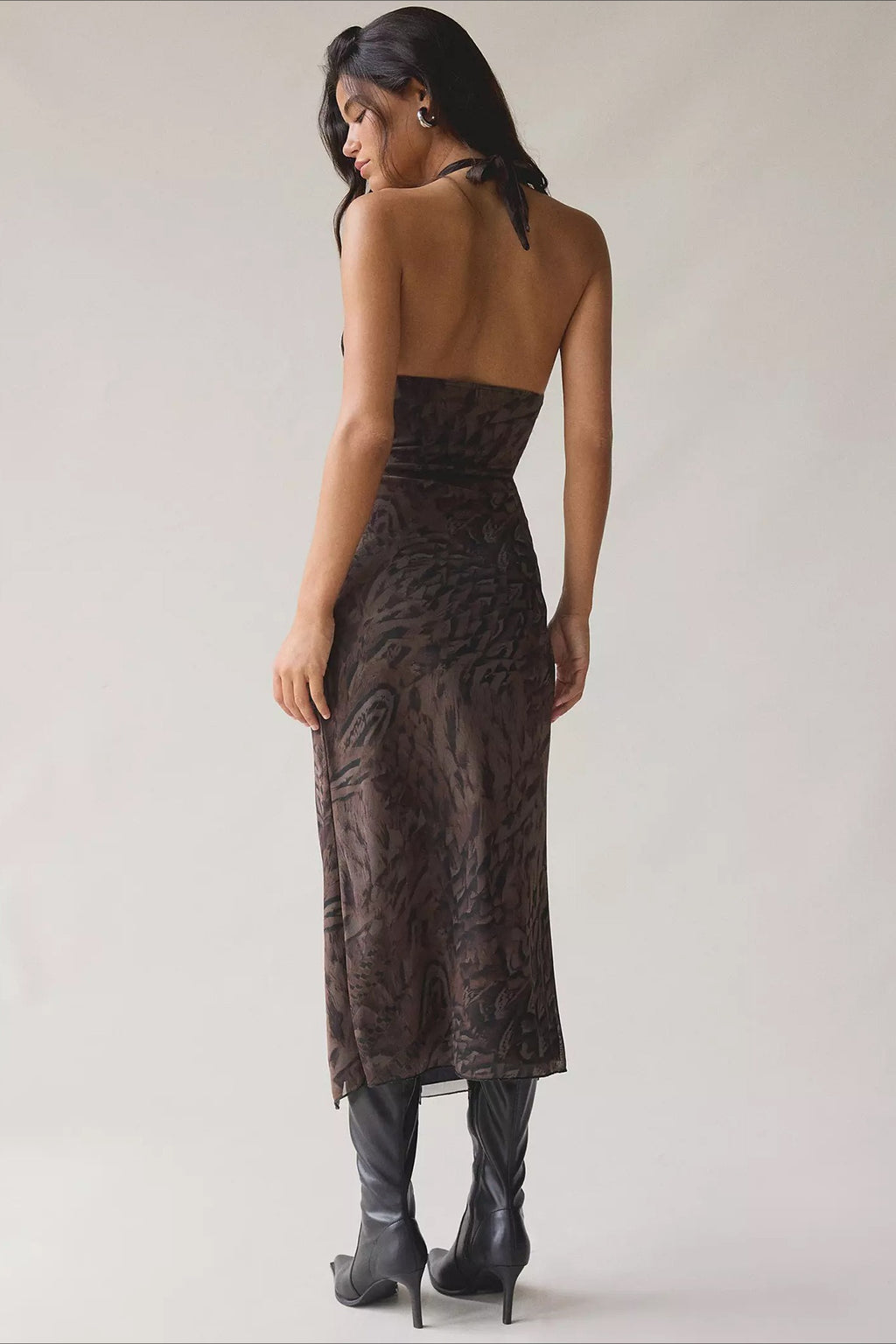 Printed Mesh Halter Side Ruched Slit Midi Dress