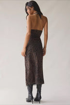 Printed Mesh Halter Side Ruched Slit Midi Dress