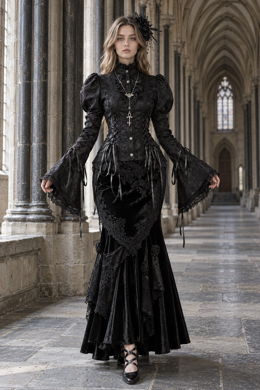 Gothic Bell Sleeve Fitted Blouse
