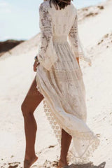 Lace Paneled Fringed Flared Boho Dress