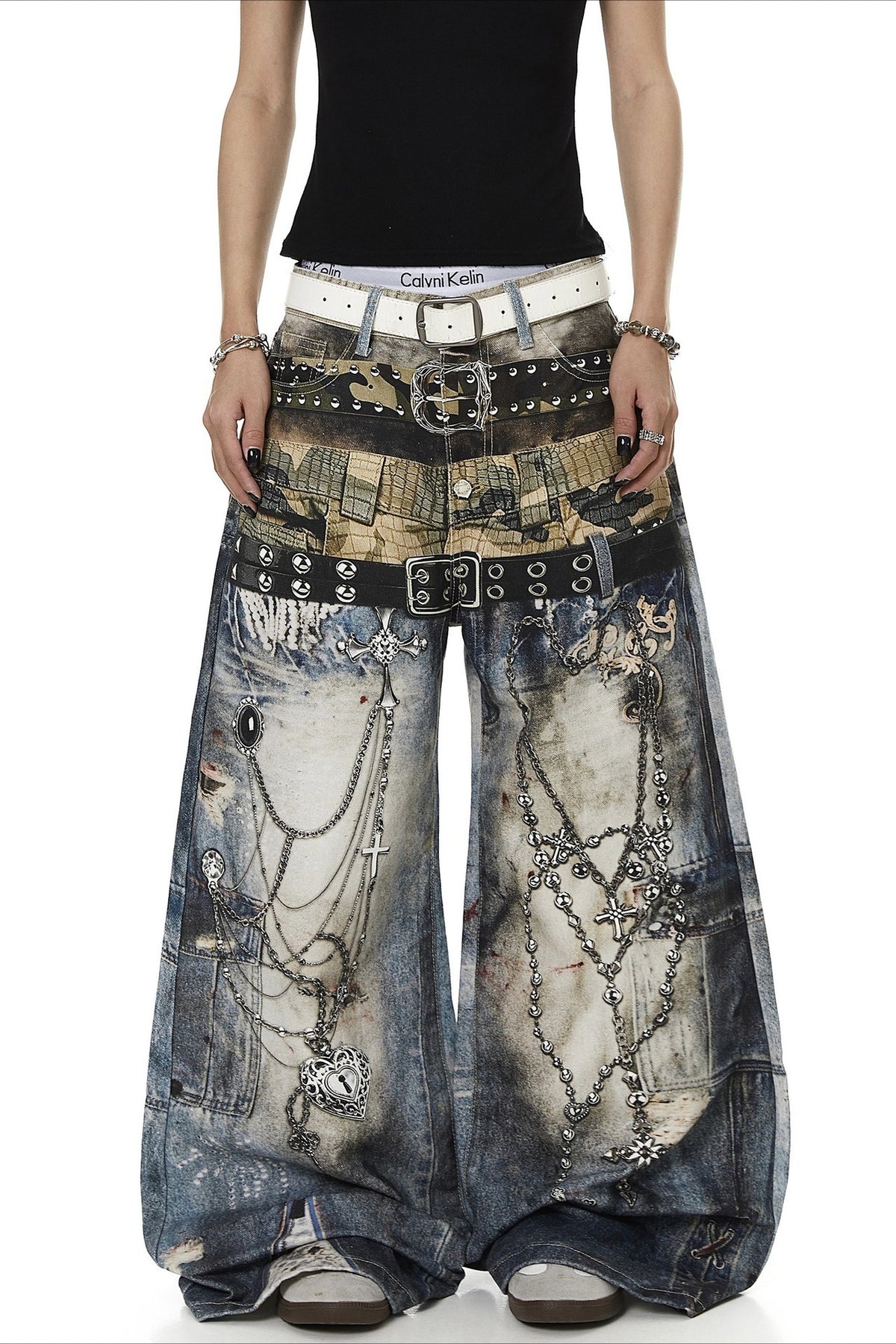 Double Waist Chain Print Wide Leg Jeans