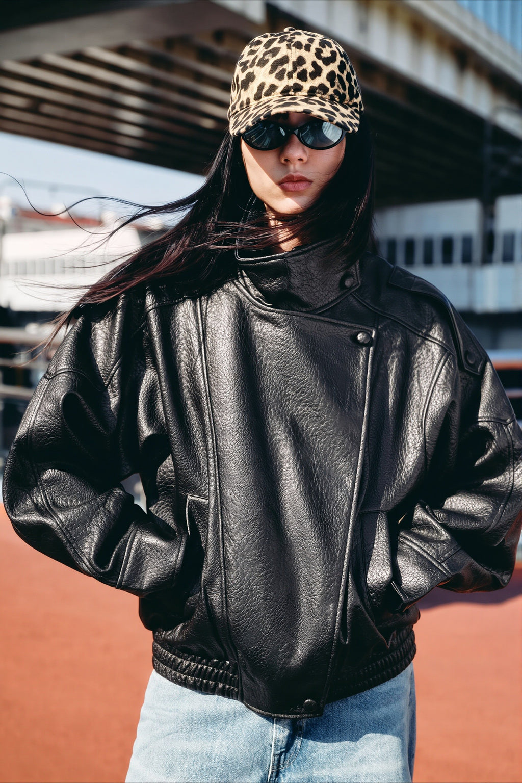 Asymmetric Front Grained Faux Leather Bomber Coat
