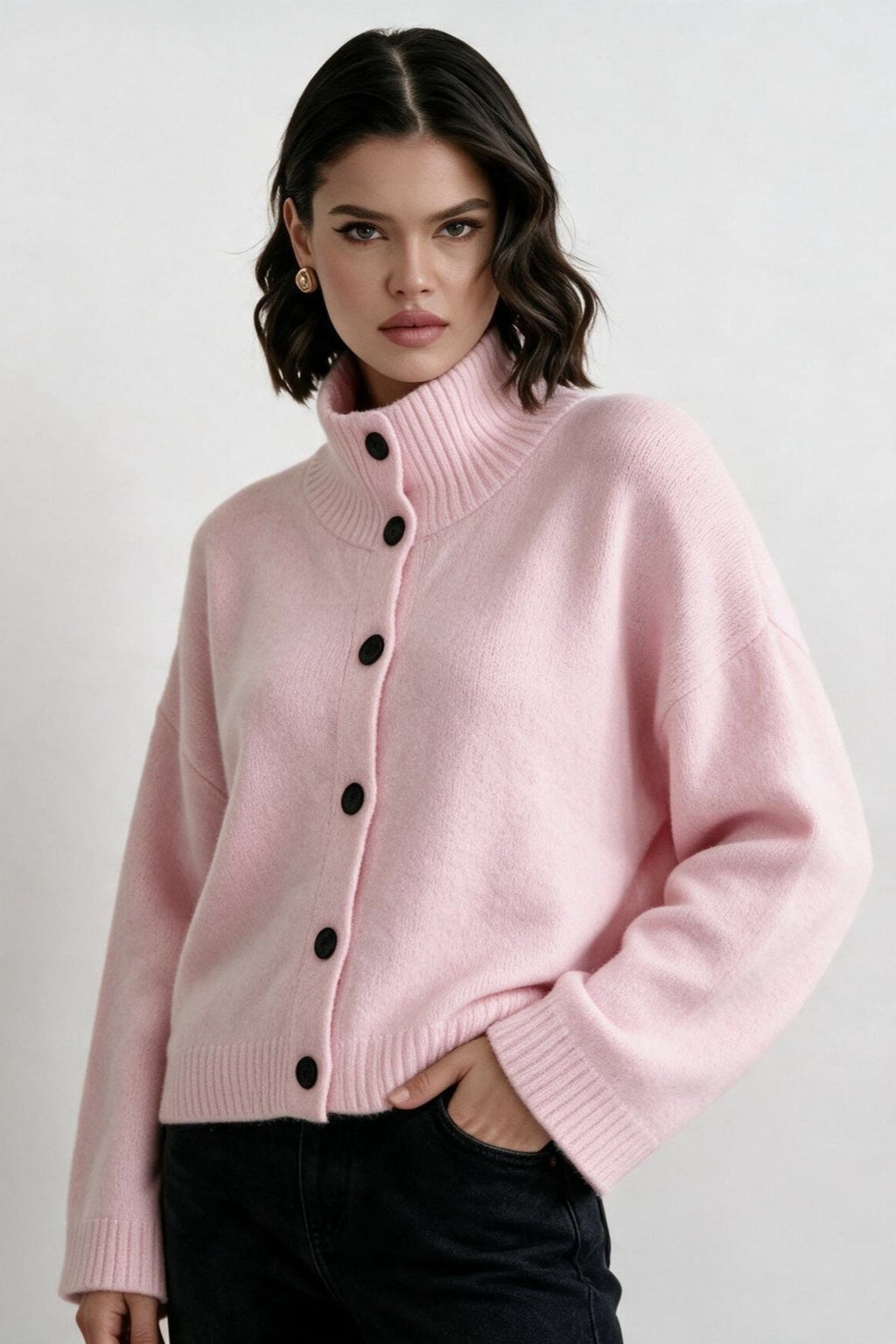 Stand Collar Button Front Relaxed Cardigan Sweater