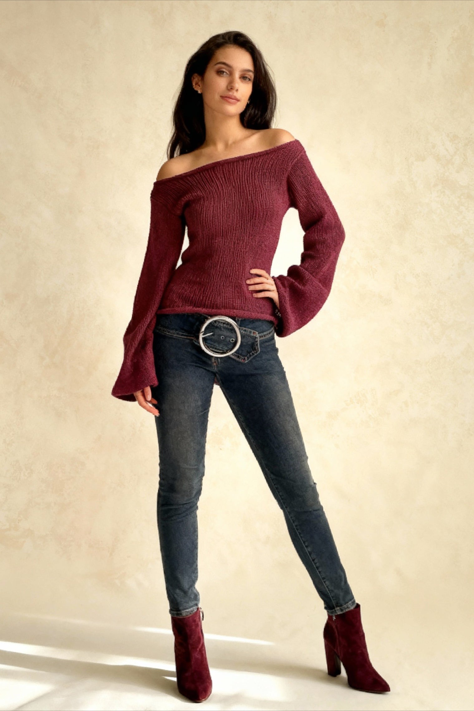 Solid Off Shoulder Rolled Edge Loose Knit Sweater Main image
