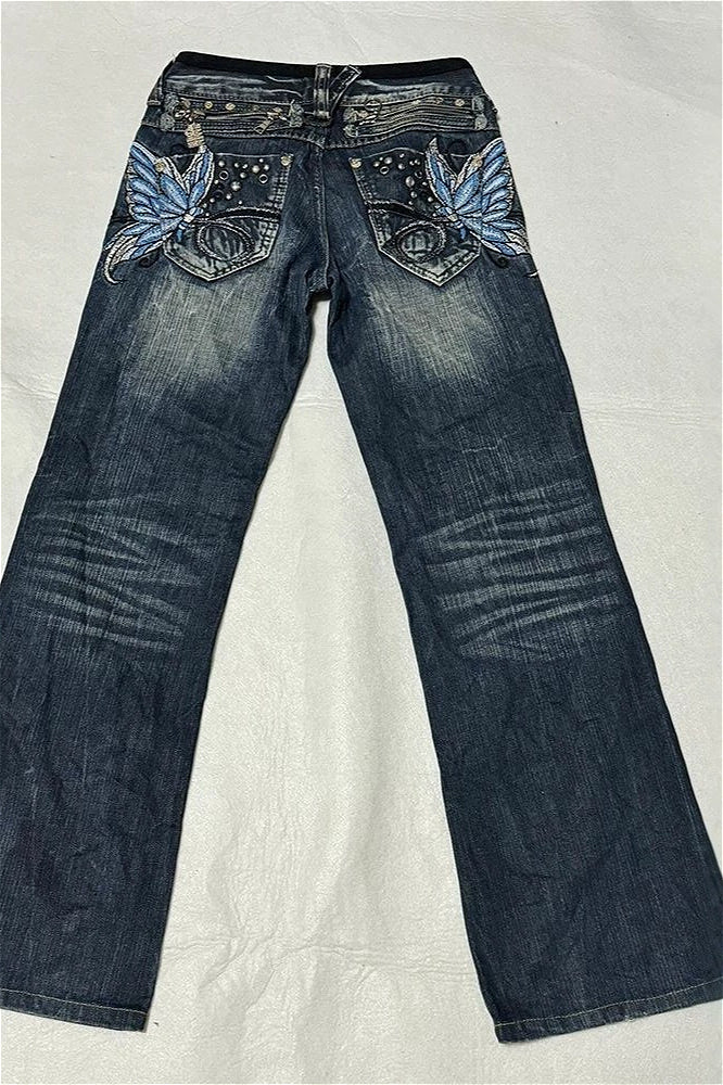 Butterfly Embroidered Washed Denim Bootcut Jeans Secondary image