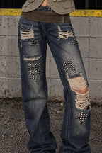Rivet Spliced Ripped Vintage Washed Jeans