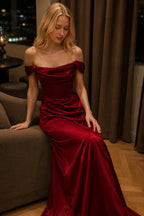 Off Shoulder Wine Red Satin Formal Dress