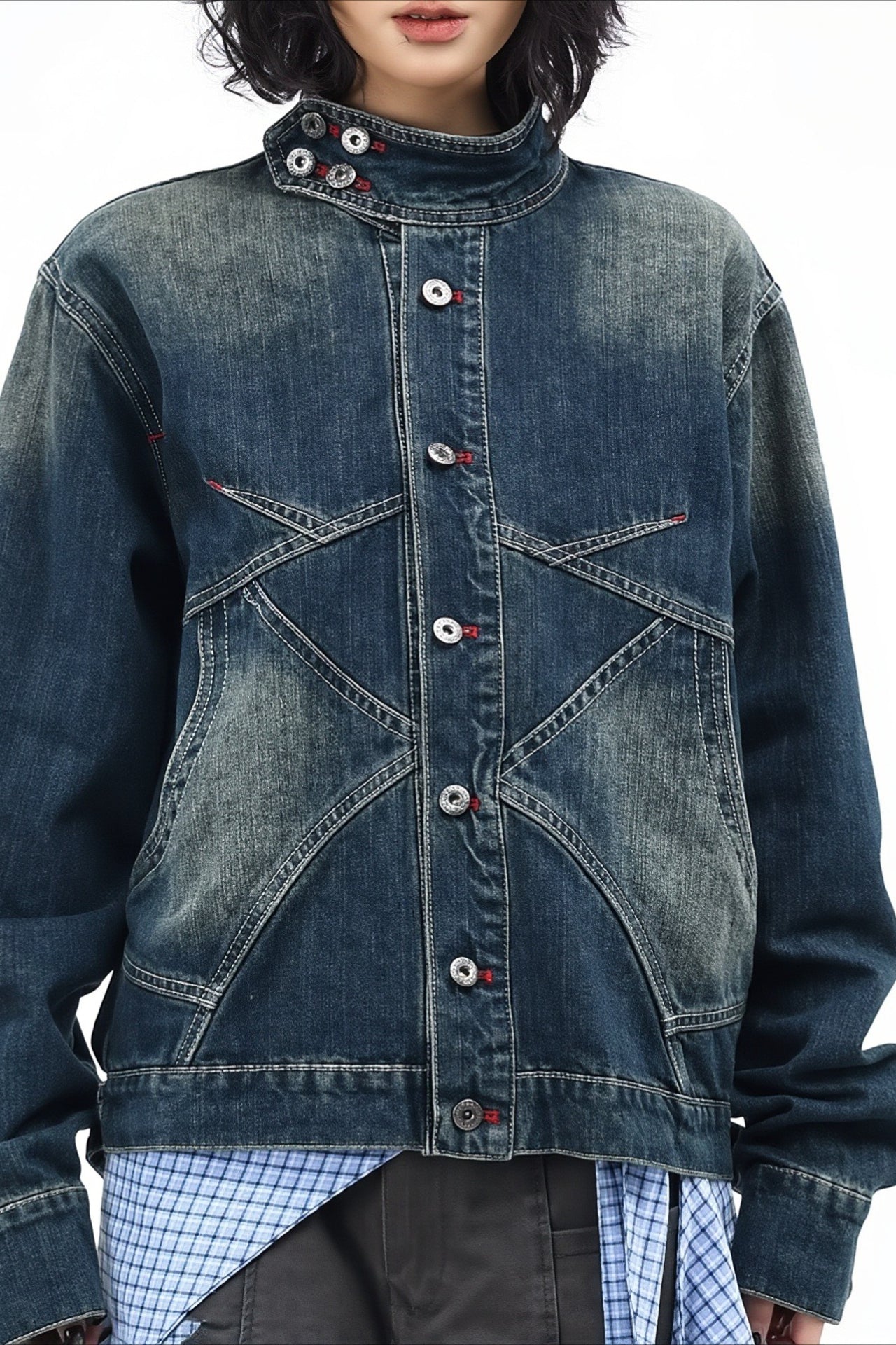 Deconstructed Washed High Collar Denim Jacket Secondary image