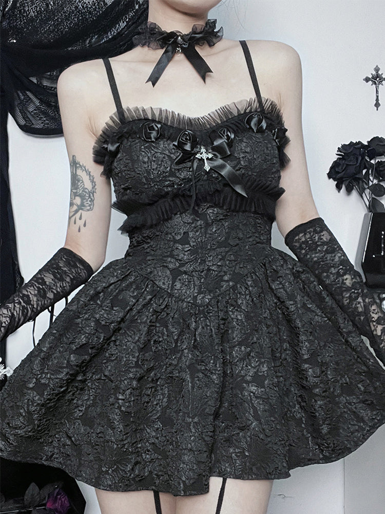 Corset A-Line Mini Black Rose Print Lace Patchwork Shirring Backless Slip Nightclub Dress Main image