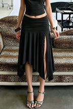 Ruched Button Slit Asymmetric Midi Skirt