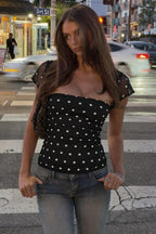 Polka Dot Mesh Patchwork Square Neck Tee
