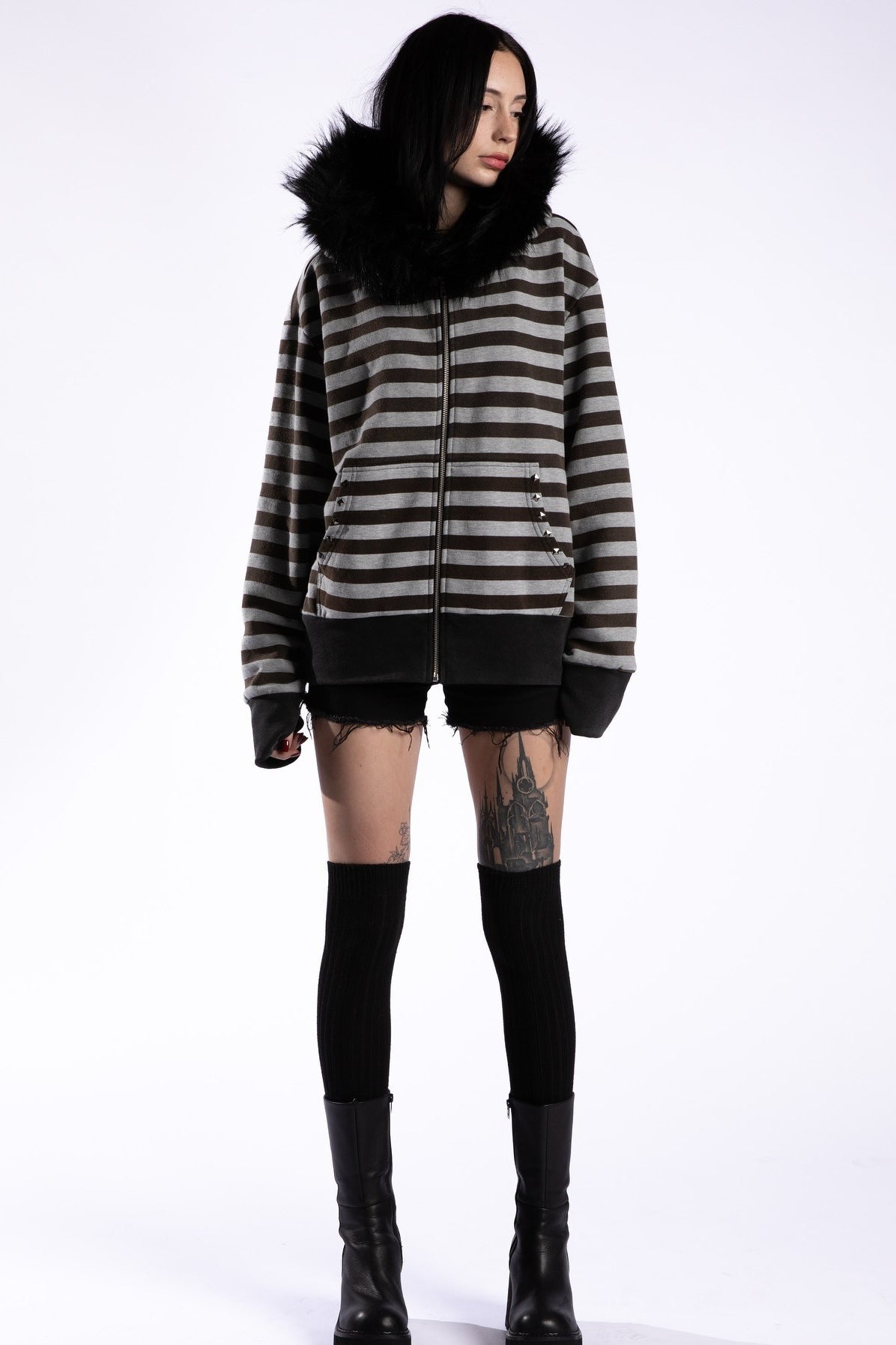 Fur Trim Striped Oversized Zip Hoodie Secondary image