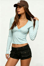 Striped Deep V Neck Fitted Long Sleeve T-Shirt