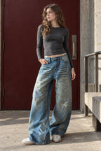 Vintage Washed Distressed Straight Leg Jeans