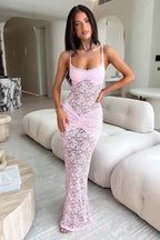 Lace Off-Shoulder Spaghetti Open Slit Slim Lace Dress