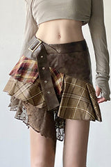 Plaid Lace Patchwork Belted Skirt