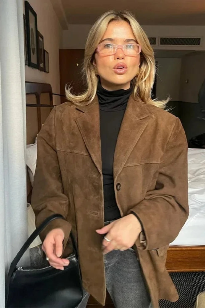 Brown Single-Breasted Suede Blazer Main image