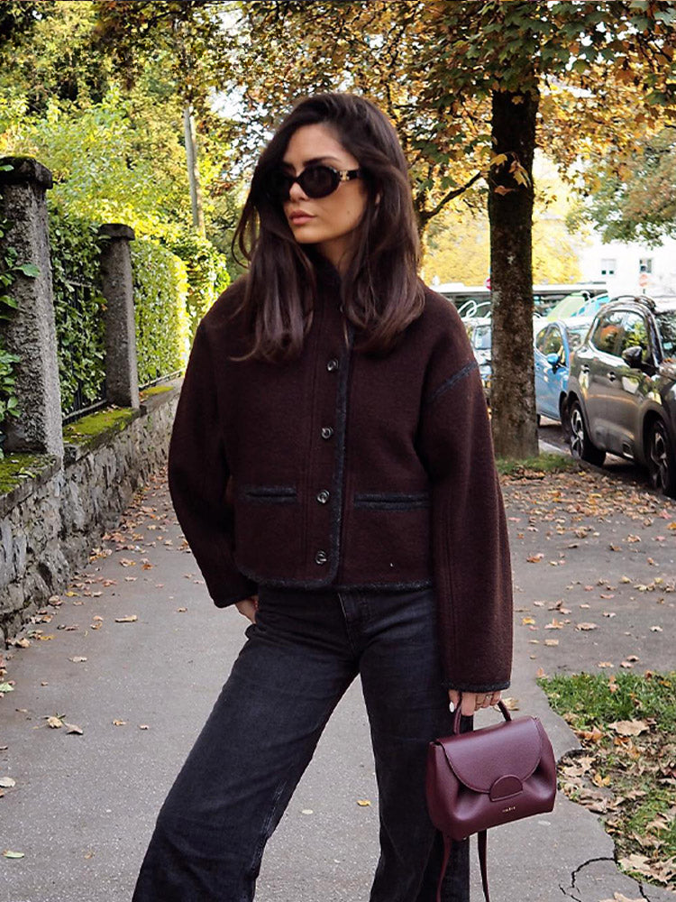 Retro Fall Winter Long Stand Single-breasted Loose Elegant Office Lady Coat Secondary image
