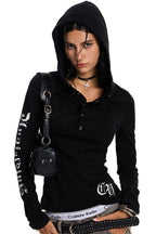 Gothic Script Fitted Button Placket Hoodie