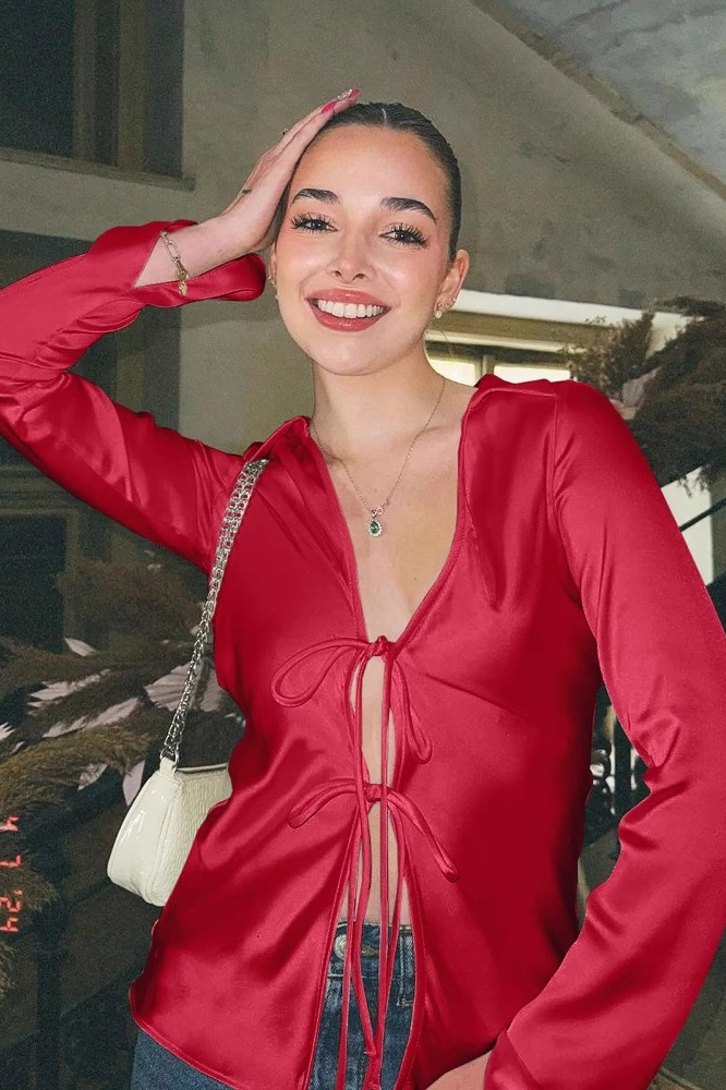 Satin Tie Front Slim Fitted Long Sleeve Blouse Main image