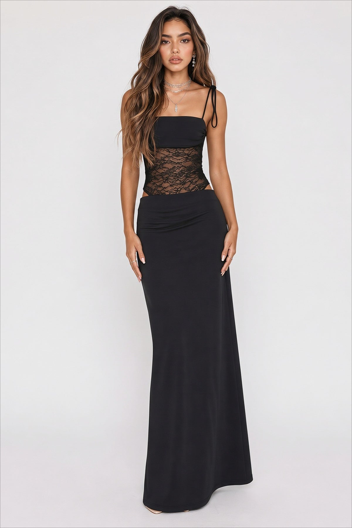 Sheer Lace Panel Cutout Bodycon Midi Dress