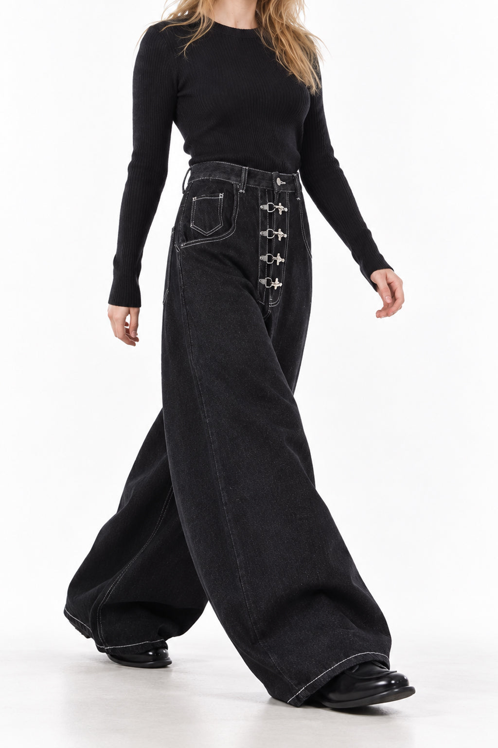 Deep Wash Draped Wide Leg Denim Jeans Secondary image