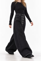 Deep Wash Draped Wide Leg Denim Jeans