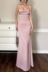 Asymmetrical Neck Satin Cowl Mermaid Gown Silk Dress