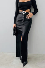 Solid Leather High Waist Slit Skirt