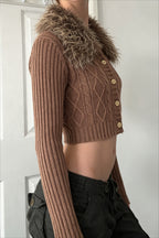 Brown Plush Collar Cropped Button Cardigan Sweater