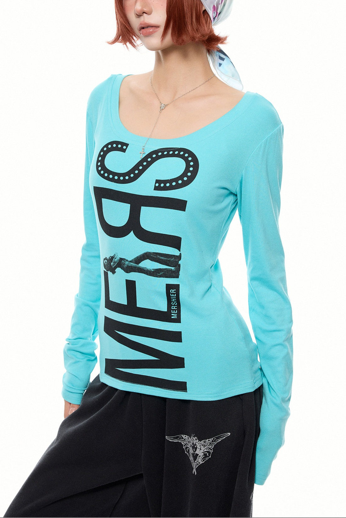 Oversized Letter Graphic Fitted Long Sleeve T-Shirt