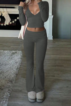 Casual V Neck Flared Stretch Two Piece Pants Set