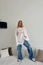 Distressed Graphic Oversized Crew Neck Knit Sweater