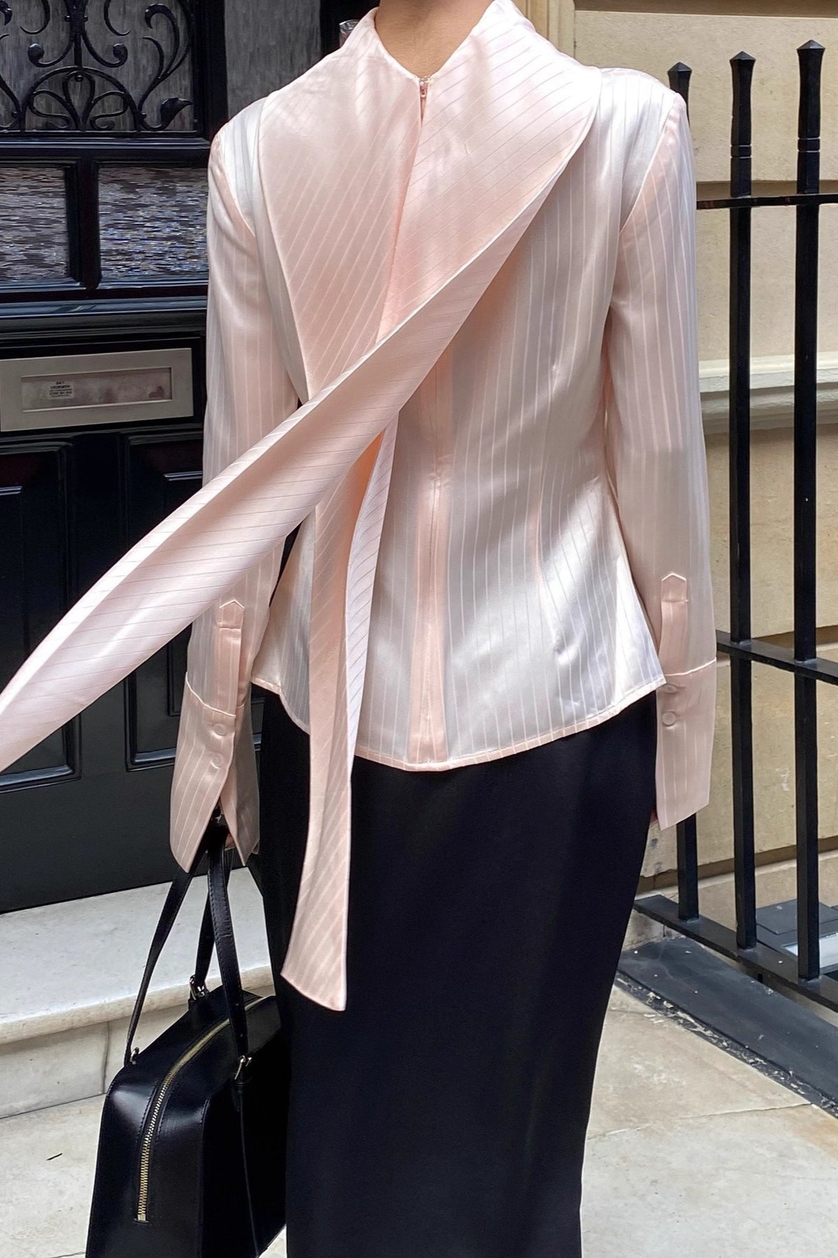 Stand Collar Neck Tie Slim Fit Workwear Long Sleeve Blouse Main image
