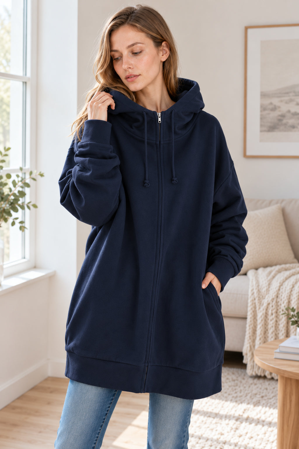 Color Hoodie Zipper Solid - Mid-length