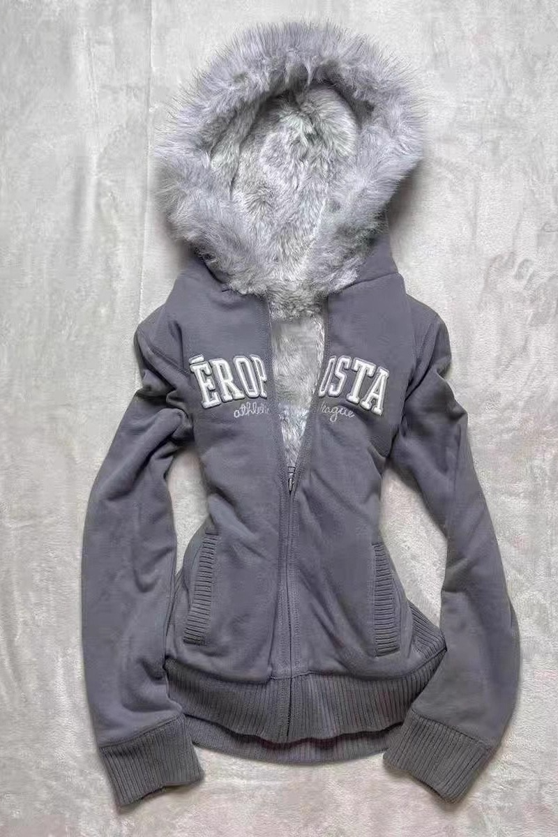 Vintage Grey Fleece Lined American Retro Stylish Hoodie Main image
