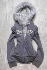 Vintage Grey Fleece Lined American Retro Stylish Hoodie