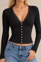 Lace V Neck Ribbed Button Long Sleeved T-shirts