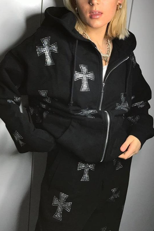 Cross Rhinestone Full-Zip Loose Hoodie Secondary image