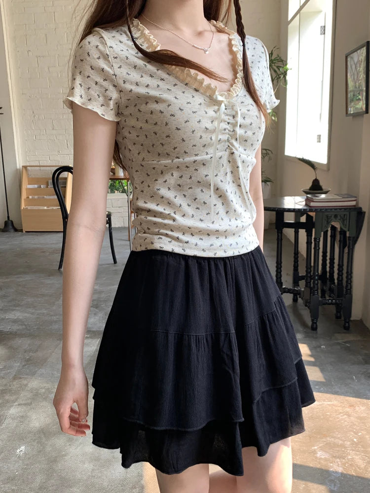 DressBetty - SMLSummer Floral Pleated Mini Skirt